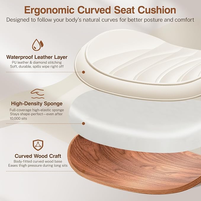 Ergonomic Armless Office Desk Chair - Mid-Century Modern White Faux Leather with Diamond Stitch, Adjustable Height Swivel Rolling Task Computer Chair with Walnut Accent for Home Office, Study & Work