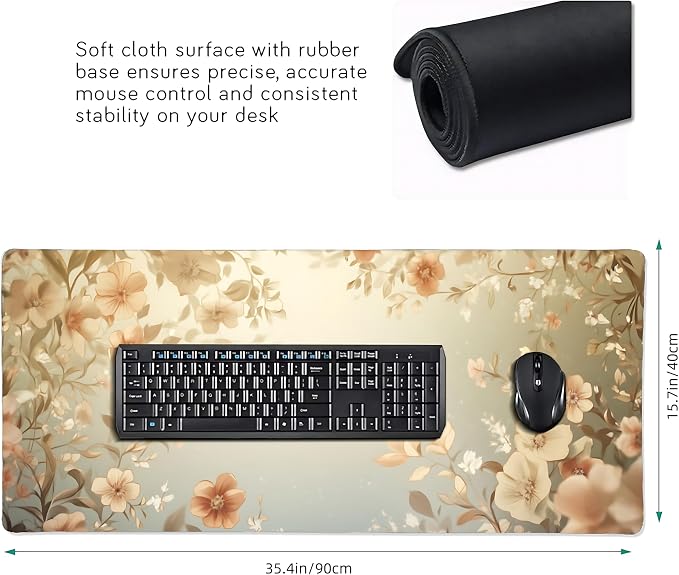 Cute Floral Aesthetic Daisy Gaming Mouse Pad, Muted Green Dreamy Desk Mat with Anti-Slip Base & Stitched Edges,35.4" x 15.7" in Desk Accessories for Women, Home Office Decor & Artistic Gift