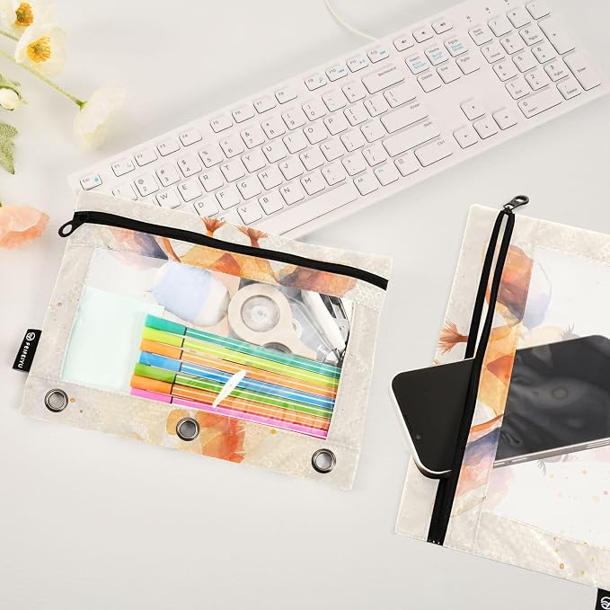 Giraffe Brown Pencil Pouch for 3 Ring Binder, 2 Pack Waterproof Pencil Bags Clear Window Zipper School Office Supplies