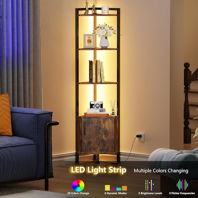 Corner Shelf Cabinet,Corner Bookshelf with Storage and LED Light | 62.8”Tall Wall Shelf Unit,Rustic Wood Display Shelves for Bedroom,Living Room,Kitchen,Metal Frame,Easy to Assemble