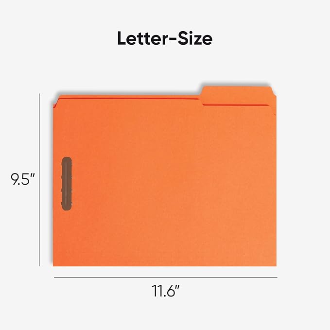 Smead Fastener File Folders, Reinforced 1/3-Cut Tabs, 2 Fasteners, Letter Size, Orange, 50 per Box (12540)