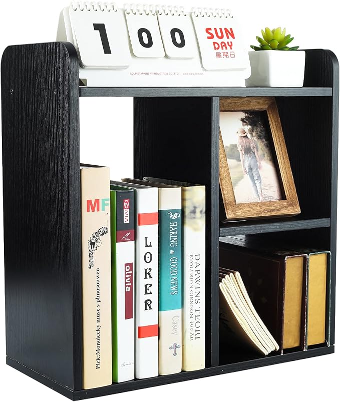 Desktop Shelf Freestanding Wood Small Bookshelf Desk Supplies Organizers and Accessories Storage Display Rack Office Decor for Women, Black