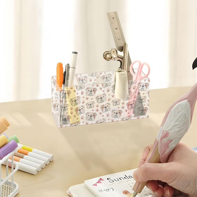 English Bulldog Dog Paw Print 4 Compartment Acrylic Pencil Holder, Printed Pencil Holder Makeup Brush Holder Acrylic Desktop Accessories for Pencil Cutlery Toiletries Storage