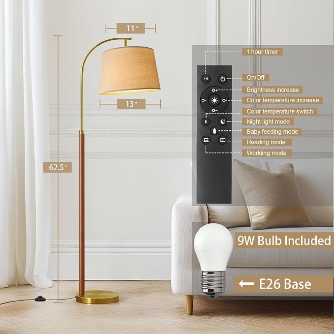 G-SAFAVA Real Wood Floor Lamps for Living Room Bedroom, 62.5" Mid Century Modern Lamp Gold Standing Tall Arc Lamps with Foot Switch, Floor Lamps for Nursery Office Decor Corner Reading Room Light