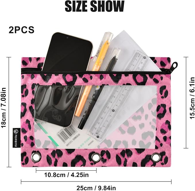 Custom Hot Pink Black Leopard Print Pencil Pouch for 3 Ring Binder, 2 Pack Personalized Name Waterproof Pencil Bags Clear Window Pencil Case School Office Supplies