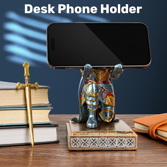 Medieval Knight Pen Holder with Sword, Kneeling King's Guard Warrior Pencil Stand Office Accessories Cool Fancy Desk Decor Gift for Men Dad Husband Boss Boyfriend Him- Leader Cloak Style