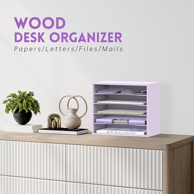 5 Tier Wood Desk Organizer, Paper Organizer for Desk, Purple | Wooden Desktop Organizer for Sorting Papers, Letters and Mails, Literature Organizer for Home Office, Classroom Organization