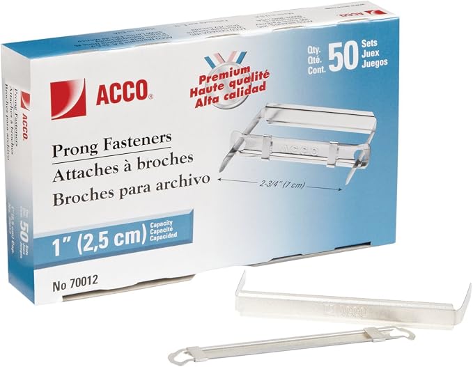 ACCO Prong Fastener Sets, Premium, for Standard 2-Hole Punch, 1" Capacity, 1 Case, 15 Boxes/Case, 50 Sets/Box (A7070012CS)