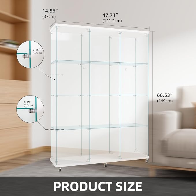 FLYMUHJIA Curio Cabinets with Glass Doors Modern Glass Shelves Tempered Glass Display Cabinet with Lock Figure Display Case (4-Shelf 3-Door, White)