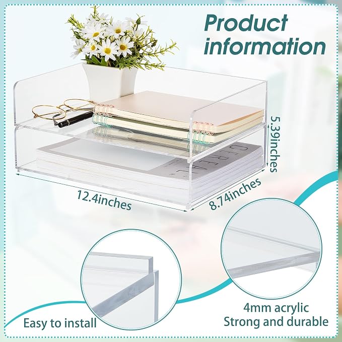 2 Pcs Stackable Acrylic Desk Organizers Paper Tray Storage Tier Accessories Paper File Office Organizer Tray Stackable Document Clear Desk Accessories for Office Workspace Organization