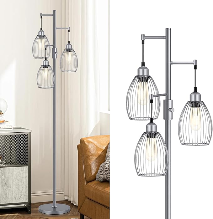 Torondo Dimmable Industrial Floor Lamps for Living Room, Gray Tree Standing Tall Lamps with 3 Elegant Teardrop Cage Head & 800 Lumens LED Bulbs for Bedroom Office