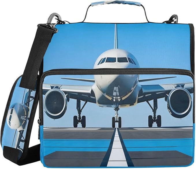 White Airplane Aircraft 3 Ring Binder Bag 1.5 inch Binder Organizer with Zipper Shoulder Strap 500 Sheet Documents Storage for School Office