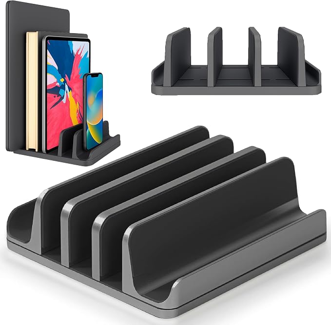 5- Slot Vertical Laptop Stand - Aluminum Laptop Stand Vertical for Desk - Fits MacBook Pro/Air, Surface, Mobiles & Gaming Laptops up to 17.3" - Heavy Duty Laptop Holder for Desk - (Black)