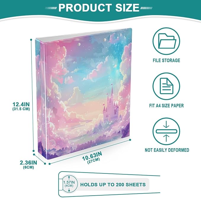 3 Ring Binder Princess Castle Pink Sky 1.5" Round Ring Binders View Binder with 200 Sheet for Women Men Office Kids School Supplies, 1 Pack