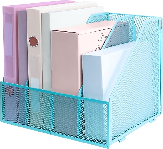 Desk Organizers, Metal Magazine File Holder with 4 Vertical Compartments Rack Binder File Organizer for Office Supplies, Home Workspace - Blue
