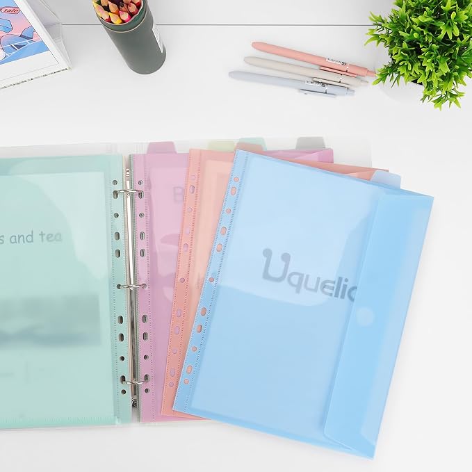 Uquelic A4 Binder, Folio Document Organizer, 3 Ring Folder Letter Size | Cute 12-Pocket Life Binder for Paper, Files, Photos, Letters, Cards (Clear-Macaron)