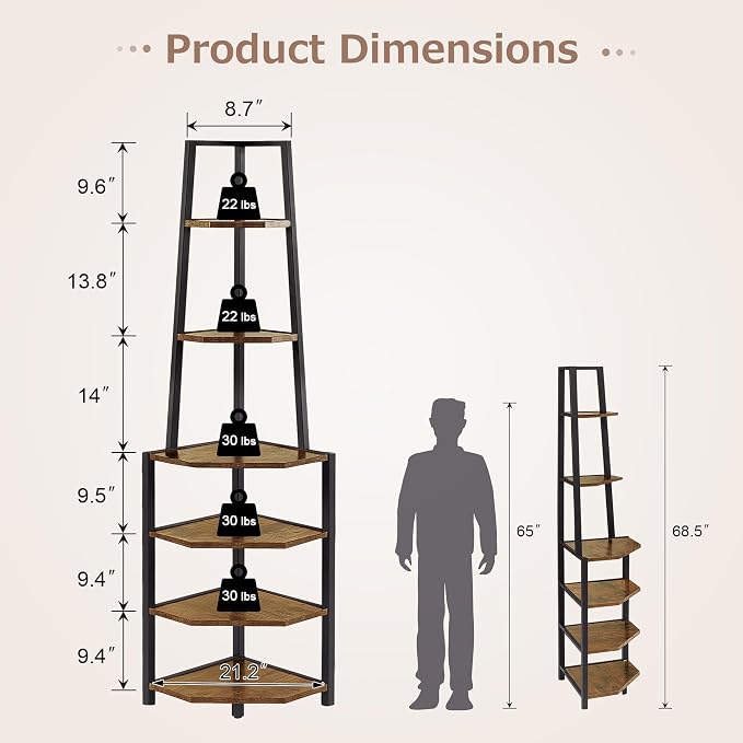 VECELO 6 Tier Corner Shelf 69 Inch Industrial Bookshelf with Metal Frame, Multipurpose Tall Plant Stand with Opening Display Shelves for Living Room, Bedroom, Home Office, Small Space, Brown