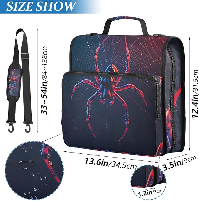 Spider Zipper Binder Bag 3 Ring Binder with Shoulder Strap Zip Up 500 Sheets Capacity Multi Pockets for School Office Supplies