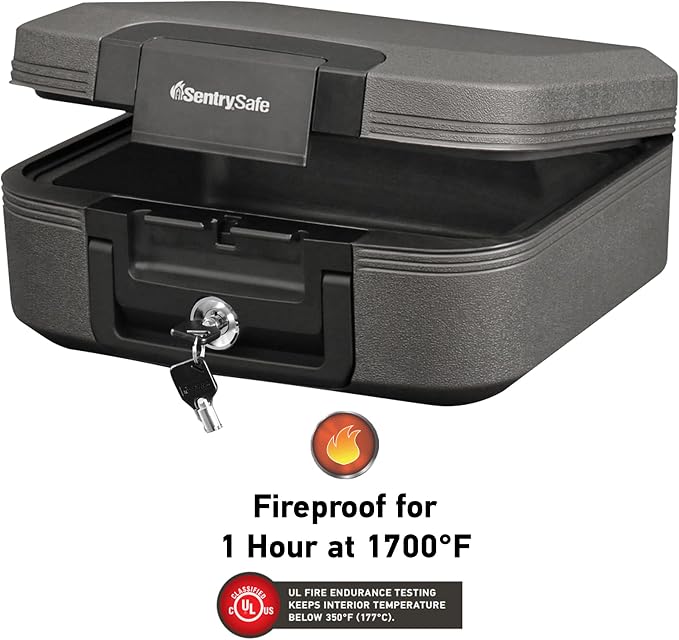 SentrySafe Dark Gray Fireproof and Waterproof Safe with Key Lock, Chest Lock Box with Carrying Handle for Travel, 0.28 Cubic Feet, 6.6 x 15.4 x 14.3 Inches, CFW20201 | Portable Fire Water Resistant Chest Safe With Key Lock Security, Carrying Handle, Id...