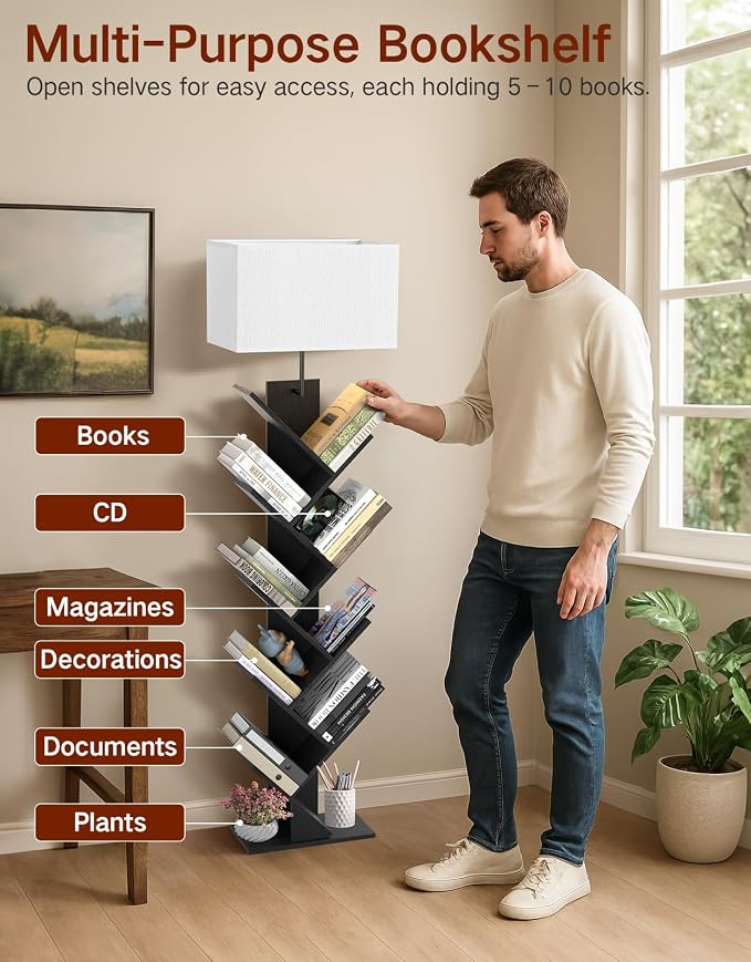 9 Tier Tree Bookshelf with Light, Remote & Timer, Dimmable Tall Floor Book Shelf, Narrow Wood Bookcase, Small Book Organizer Shelves for Living Room, Bedroom, Home Office (Black)