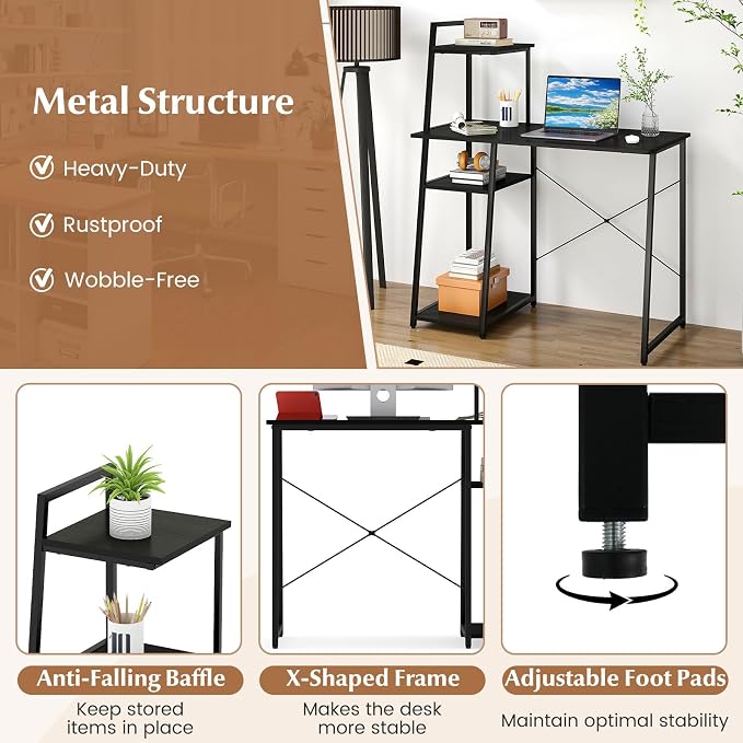 Giantex Computer Desk with Shelves, 47.5” Home Office Desk with Bookshelf, Host Stand, Metal Frame, PC Laptop Workstation, Modern Study Writing Desk for Bedroom, Small Space (Black)