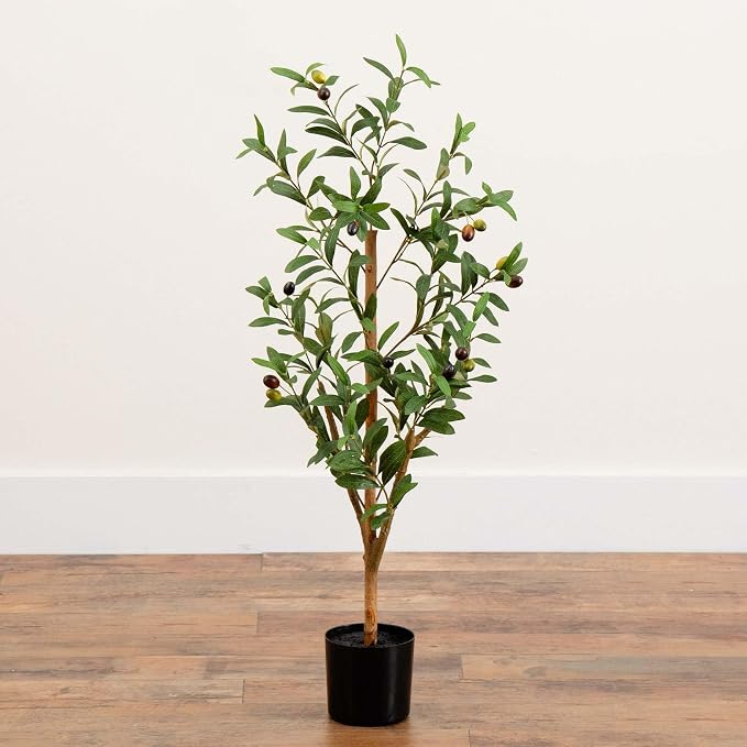Nearly Natural 3 ft Artificial Olive Tree with Natural Trunk for Decor | Lifelike Fruits and Branches, Maintenance-Free, Nursery Planter Included, Mediterranean Style for Home and Office Decor