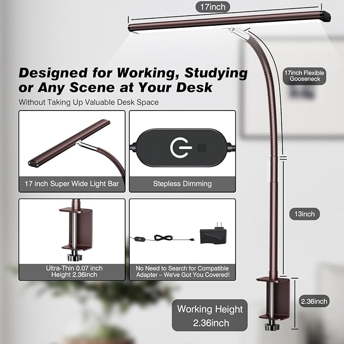 Airlonv LED Desk Lamp with Clamp, 17" Stepless Dimming Light, Brown | 2700K-6500K, 100 LEDs, 360° Gooseneck, Fits Up to 30" Monitors, Flicker-Free Lighting for Home Office, Study& Workbench