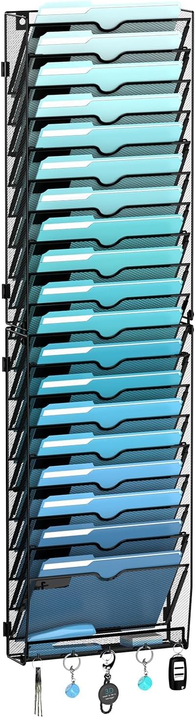 20-Tier Wall File Organizer and Mail Organizer with 5 Hooks, Black | Label slots, curved openings, 5 key hooks, and a bottom tray support organized mail, file, and everyday item storage.