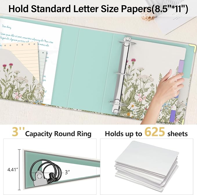 3 Ring Binder 3 Inch, Cute Round Ring Binder with 6 Tab Dividers & Label Stickers, Low Profile Clipboard with Storage, Fashion Binder for School Office Supplies (Garden Flowers)