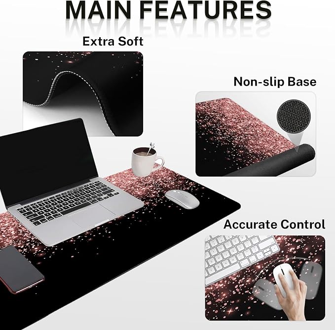 Keyboard Mouse Pad Set, 4 in 1 Desk Mat Set, Pink Rose Gold | Golden Black Large Mousepad+Keyboard Wrist Rest+Mouse Wrist Rest+Coaster Ergonomic Design for Home Office Computer
