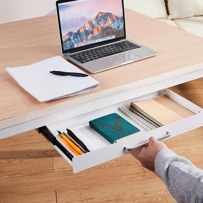 Under Desk Drawer Organizer 21", Large Desk Pencil Storage Drawer | White, Under Cabinet Table, Heavy Duty Pull Out Shelf, Attachable for Workbench, Adjustable Brackets, Work Shop, Desk Lip