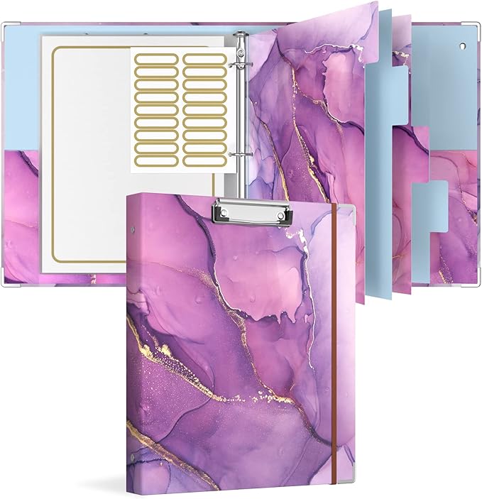 Rouidr 3 Ring Binder with clipboard, 1 inch 8.5 x 11 in Letter Size View Binders Organizer with Dividers Tabs & Clear Sleeves, School Supplies, Office Supplies, Purple Marble