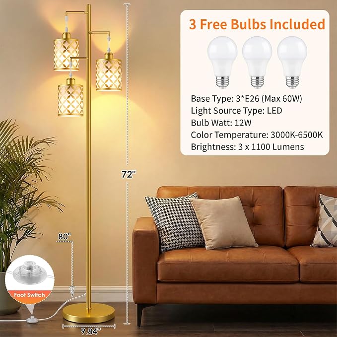 Dimmable Floor Lamp, Farmhouse Standing Lamp with Elegant Metal Cage, Industrial Tall Tree Floor Lamps for Living Room Bedroom Study Office with Remote & 3 x 1100LM 12W LED Bulbs, 72", Gold