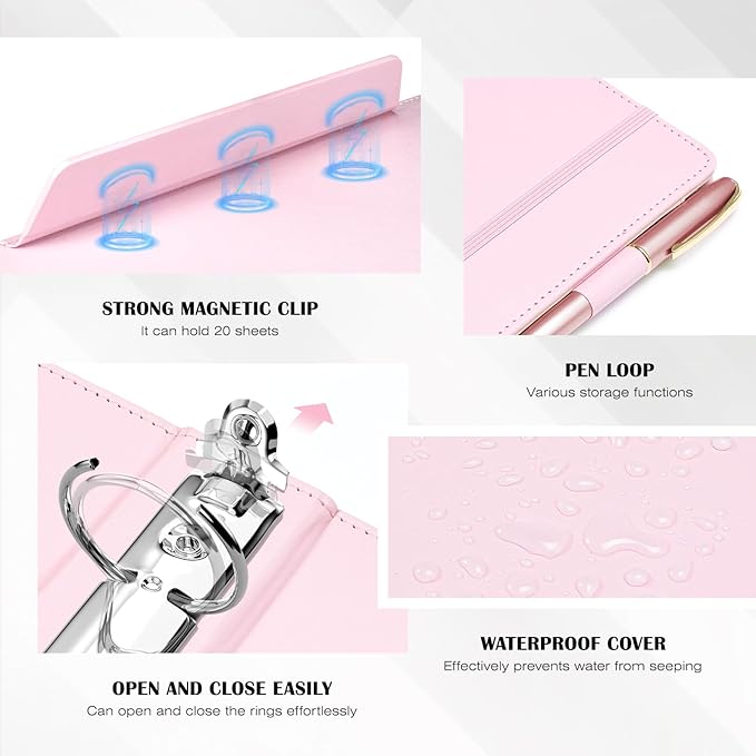 Ospelelf Pink Leather Binder with Magnetic Clipboard, 1 Inch Binders 3 Ring with Storage Zipper Pouch, Pocketed Dividers, Professional Clipboard Folder for School Office Nursing