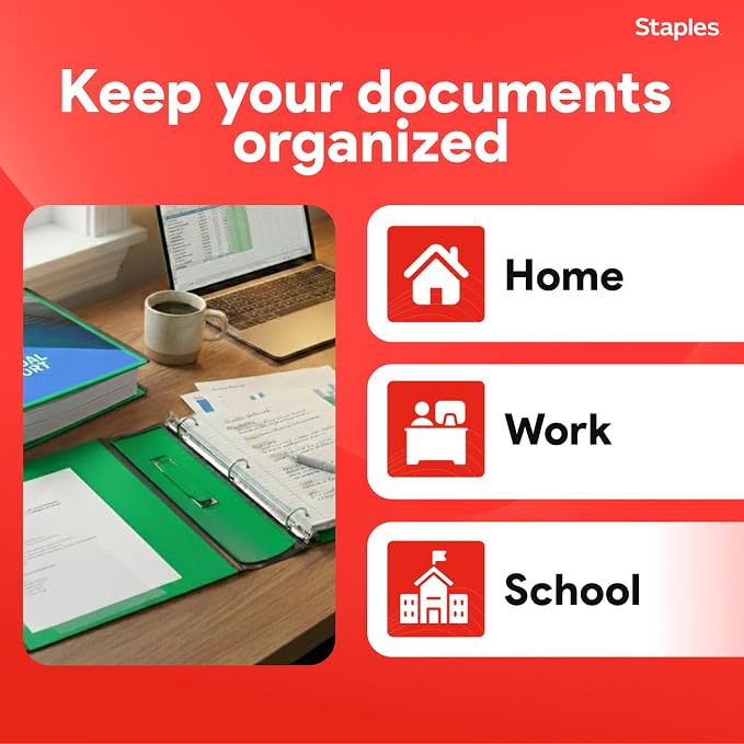 Staples Heavy-Duty 3-Inch D-Ring Binder, Green, Holds 600 Sheets | Large-capacity 3-ring binder with pockets for document storage.
