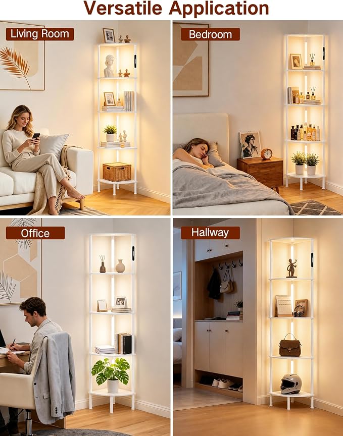 5-Tier Corner Bookshelf with LED Lights, Touch & Remote Control, 3 Color Temperatures, Dimmable Narrow Display Shelf with 1-Hour Timer for Living Room, Bedroom, Office(White)
