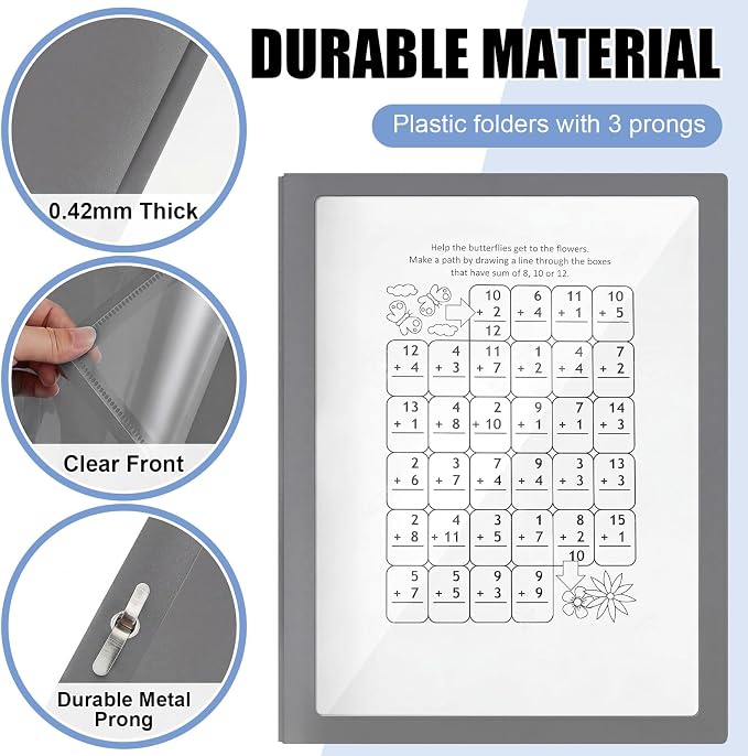 Teling 36 Pcs Report Covers with 3 Prong Fasteners Clear Front Presentation Folders Frame View Poly Report Folder Presentation Binder for Paper Document School Office (Dark Gray)