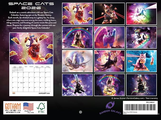 Space Cats Calendar 2026 Monthly Wall Calender 12 Month | American Made In The USA