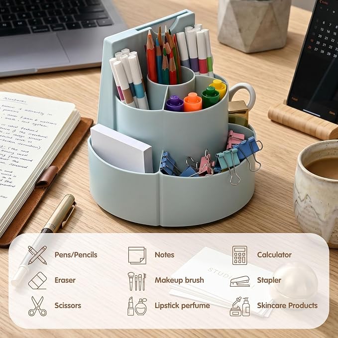 360 Rotating Pencil Holder with To Do List for Kids, Desk Organizer Checklist Routine Chart with Slider, Pen Organizer with 7 Slots Desk Organizers and Accessories for Office School Home