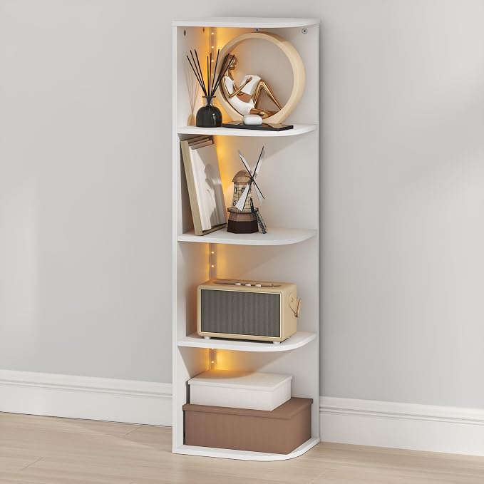 Furinno PASIR Book Shelf with LED Lights, 4-Tier Bookshelf, Open Corner Shelf Bookcase, 9.3 x 12 x 41.4, for Home Office, Living Room, Study Room, White