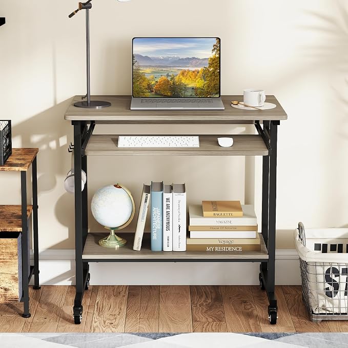 GIANTEX Rolling Computer Desk, Mobile Desk with Keyboard Tray & Wheels, Portable Laptop PC Table Cart with Shelf & Hooks, Small Desk for Small Spaces, Bedroom, Apartment (Grey Oak)