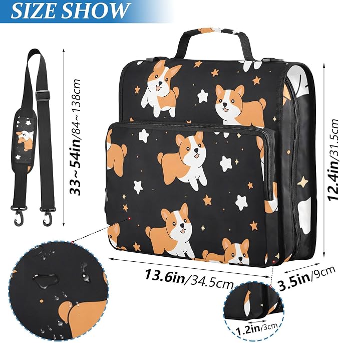 3 Ring Zipper Binder with Shoulder Strap Corgis Dog Star Black 1.5 inch Binders Keeper Large Capacity Multi Pockets for School Office Supplies
