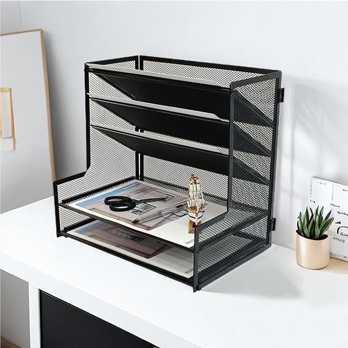 SETTFRFE 5-Tier Metal Desk File Organizer, File Tray Rack | 3 Slanted+2 Horizontal Paper File Holder for Office Supplies,Multi Layer Letter Tray,Home Office Desktop Storage Rack,Black