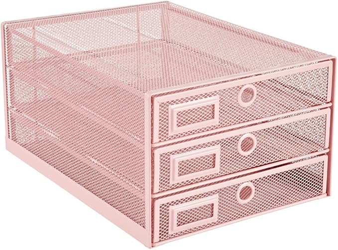 Annova Desk Organizer Wire Mesh 3 Tier Sliding Drawers Paper Sorter/Multifunctional/Premium Solid Construction for Letters, Documents, Mail, Files, Paper, Kids' Art Supplies (Light Pink)
