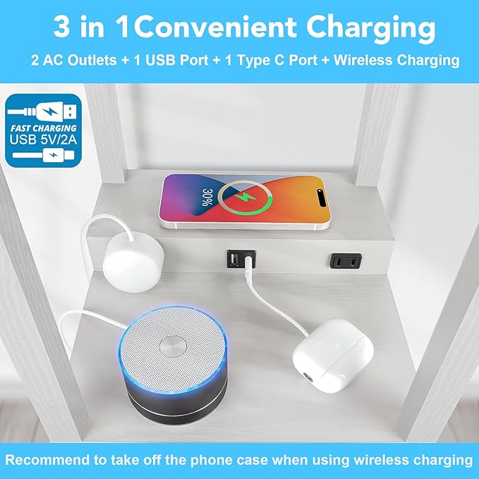 Shelf Floor Lamp with Wireless Charger, USB, Type C, AC Port, Grey | Fast Charging USB Ports & Type C Port & 2 Power Outlets, 3 Tier Storage Shelf Lamp, E26 Base, 60W Max(Bulb Not Included)