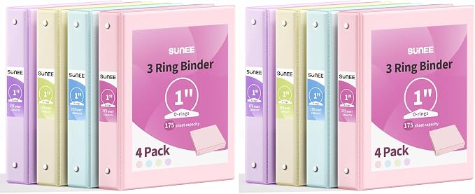 SUNEE 3 Ring Binder 1 Inch 8 Pack, Clear View 1" Binders Three Ring PVC-Free (Fit 8.5x11 Inches) for School or Office Supplies, Assorted Pastel