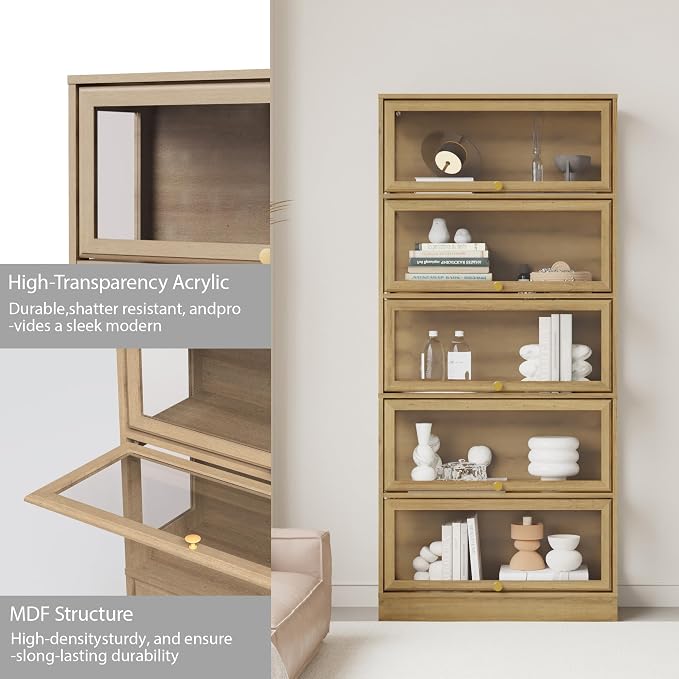 Display Cabinet with Acrylic Glass Doors,5-Tiers Curio Cabinet with LED Lighting for Collectibles, Collectibles Toy Organizers Rack & Display Shelf Display Case Storage Cabinet, Nature