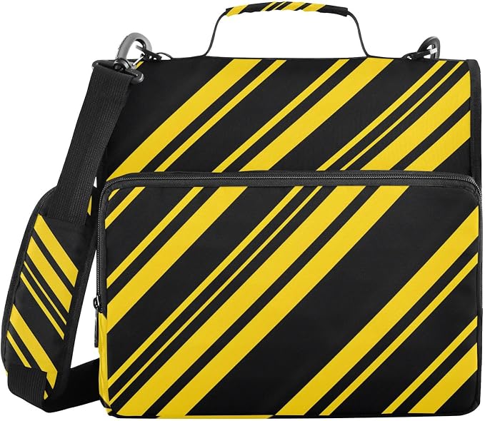 3 D-Ring Zipper Binder Bag, Black Yellow Diagonal Striped Removable Binder with Zipper Case Hold 300+ Sheets& 13 Inch Laptop for School Office Supplies Organizer