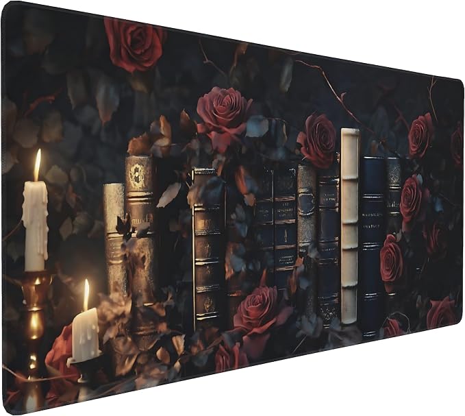 Aesthetic Book Gaming Mouse Pad, Black Red Dark Romanticism Desk Mat with Anti-Slip Base & Stitched Edges,35.4" x 15.7" in Desk Accessories for Women, Home Office Decor & Artistic Gift