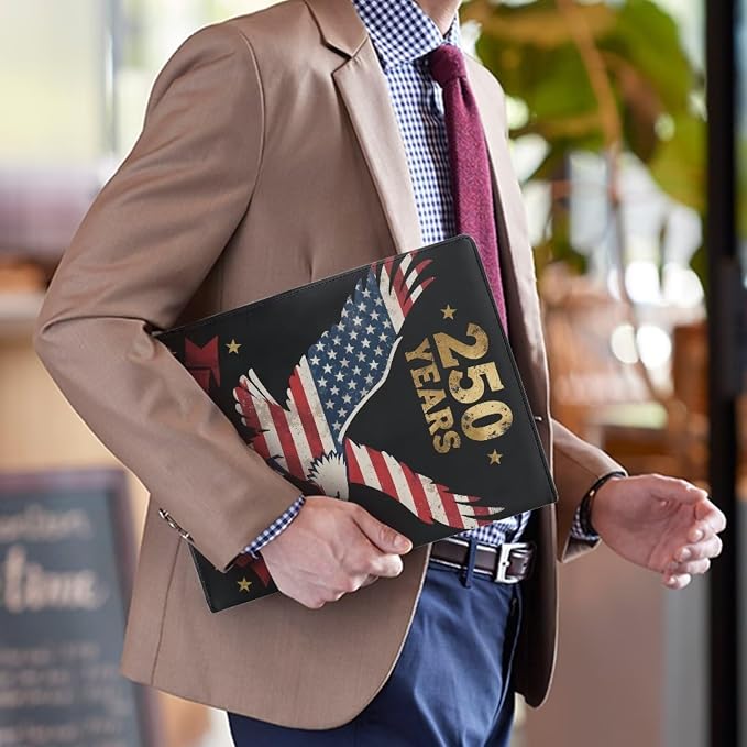 Dreaweet 250 Years Eagle Flag Portfolio Folder for Documents 250th Anniversary Leather Padfolio Binder Organizer Letter Size Notepad Business Card Holder for Women Men